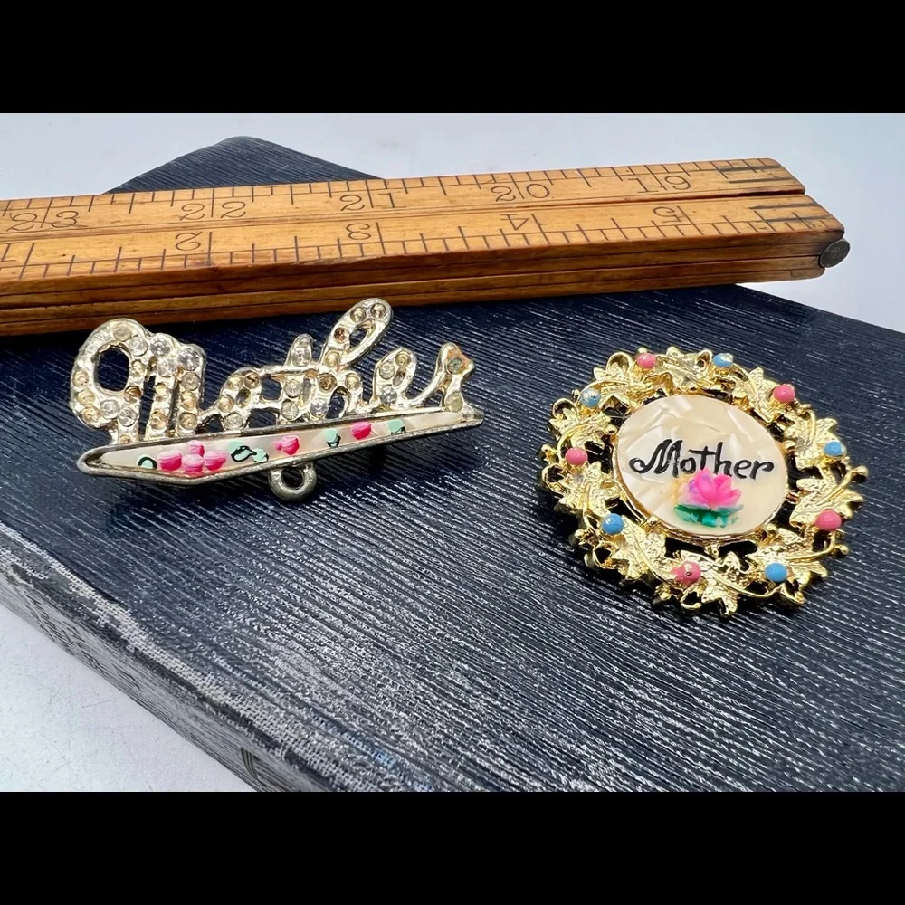 2 vintage “Mother” word brooch pins gold mother of pearl
